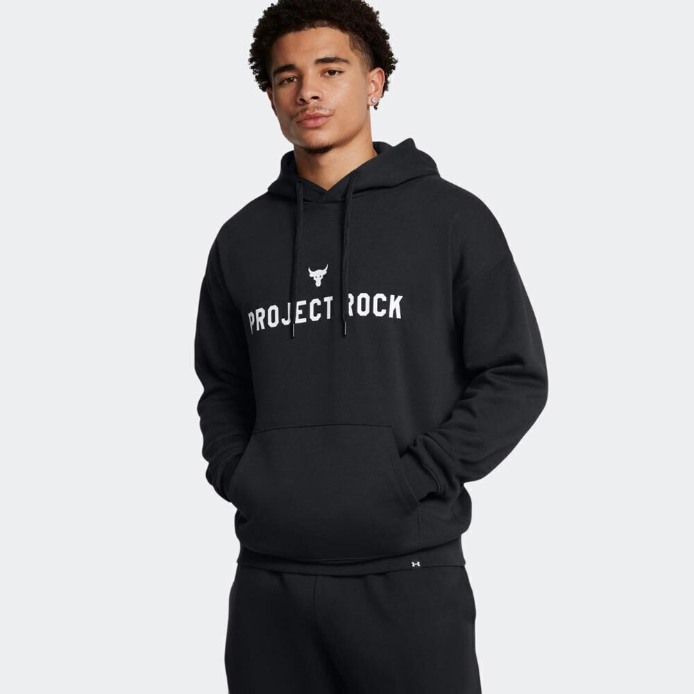 under_armour_project_rock_fouter_fleece_mayro_1386882_001. Under Armour Project Rock Icon Fleece Hoodie Ανδρικό Φούτερ Κουκούλα 1386882-001 - Image 1