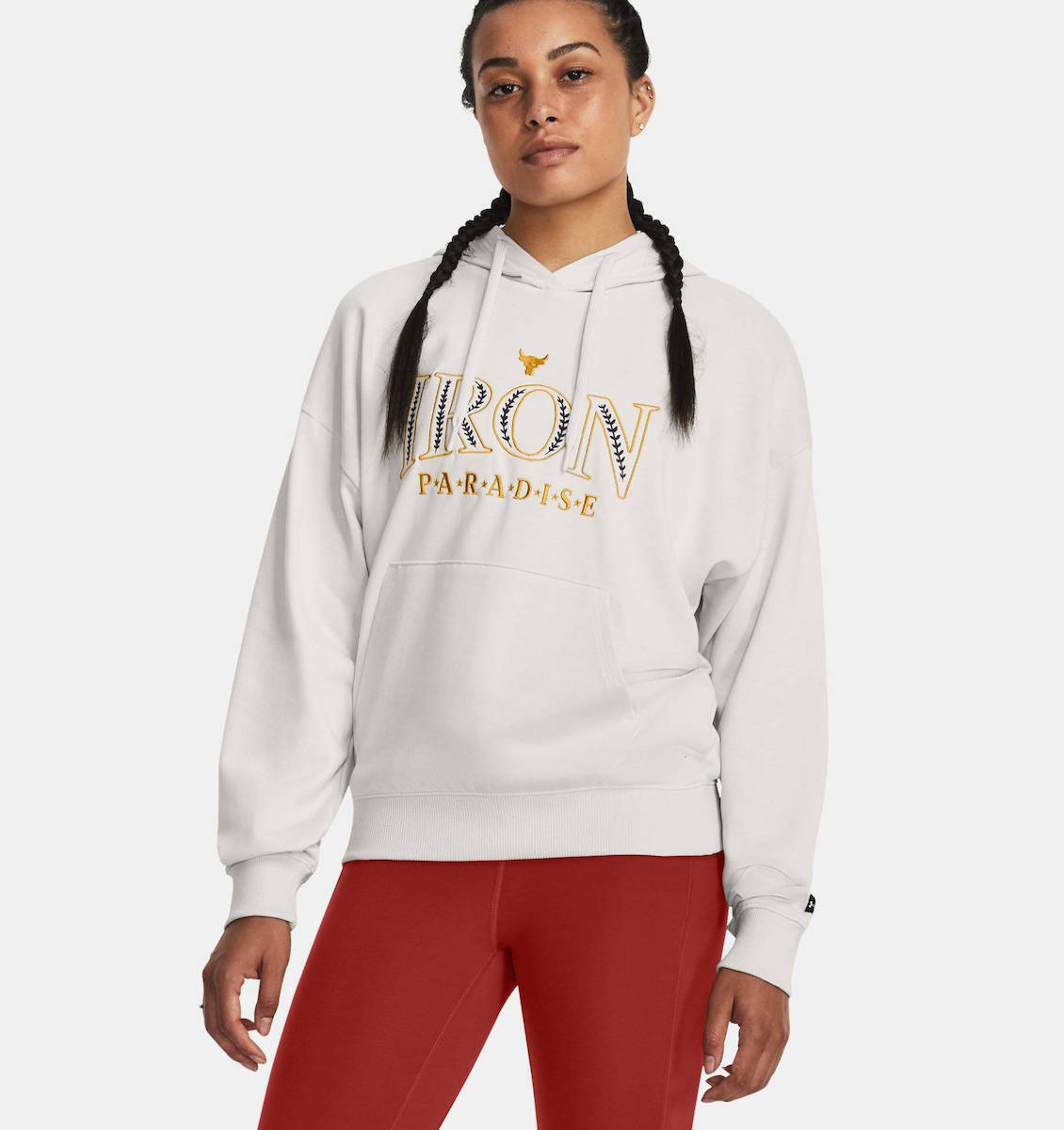 under_armour_project_rock_gynaikeio_fouter_me_koukoula_leyko_1380186_114. Under Armour Project Rock EveryDay Terry Hoodie Γυναικείο Φούτερ Κουκούλα 1380186-114 - Image 1